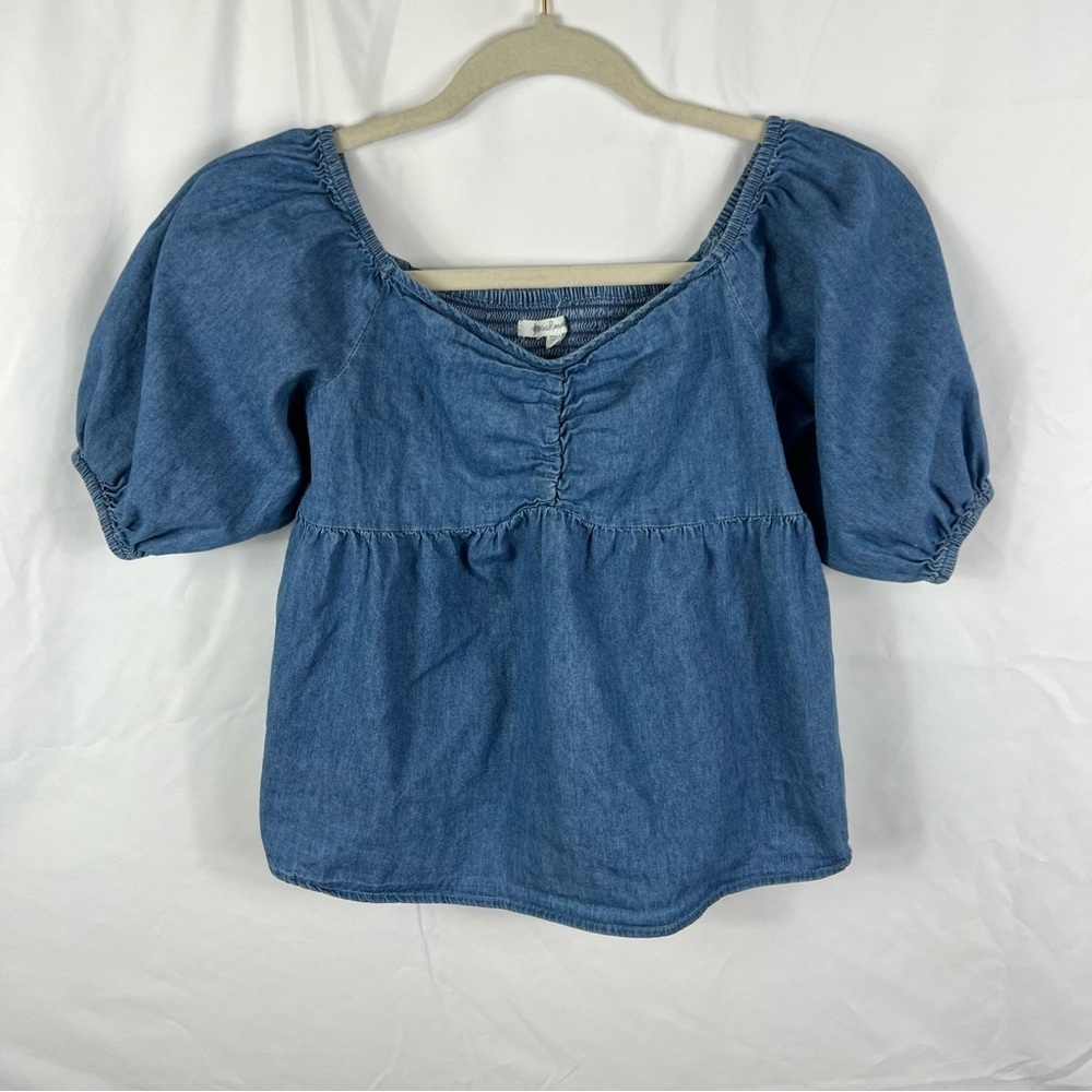 HeartSoul Blue Denim Puff Sleeve Cotton Blouse